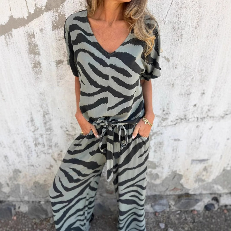 Gilberta | Zebra Print V Neck Top Wide Leg Pants Set