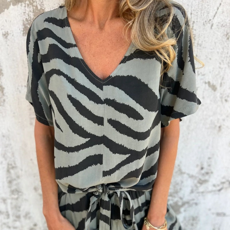 Gilberta | Zebra Print V Neck Top Wide Leg Pants Set
