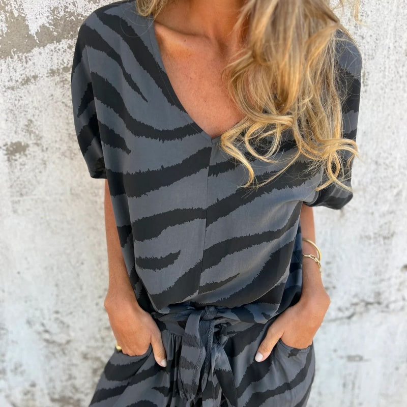 Gilberta | Zebra Print V Neck Top Wide Leg Pants Set