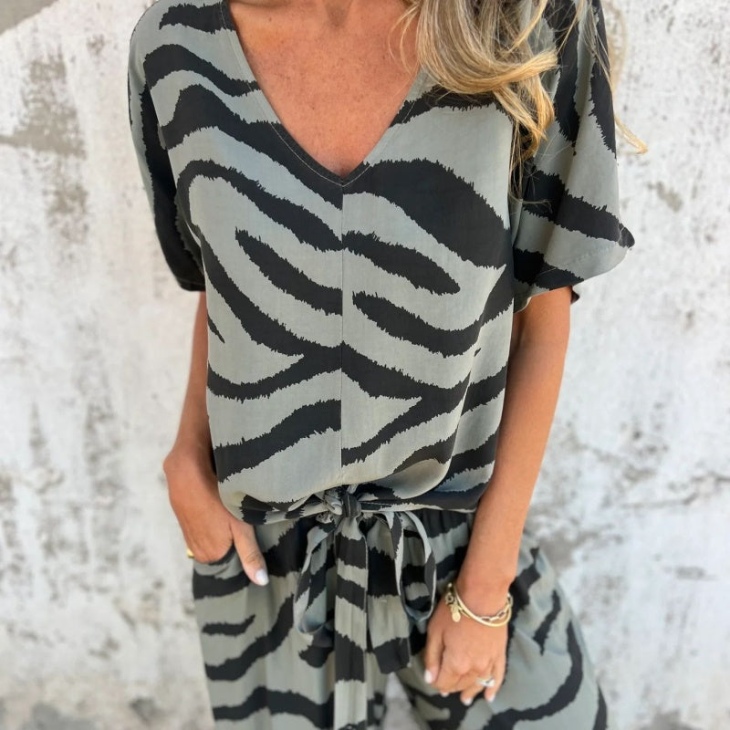 Gilberta | Zebra Print V Neck Top Wide Leg Pants Set