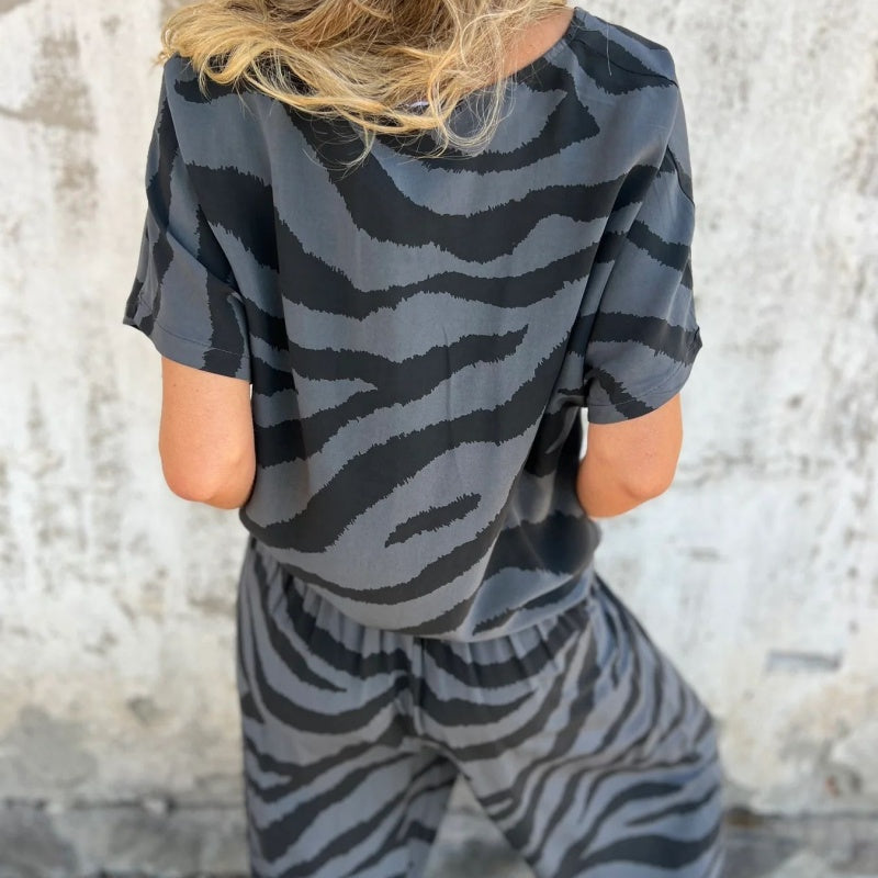 Gilberta | Zebra Print V Neck Top Wide Leg Pants Set