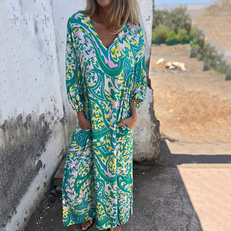 Yanina | Printed V Neck Puff Sleeve Maxi Dress