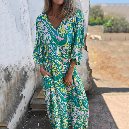 Yanina | Printed V Neck Puff Sleeve Maxi Dress