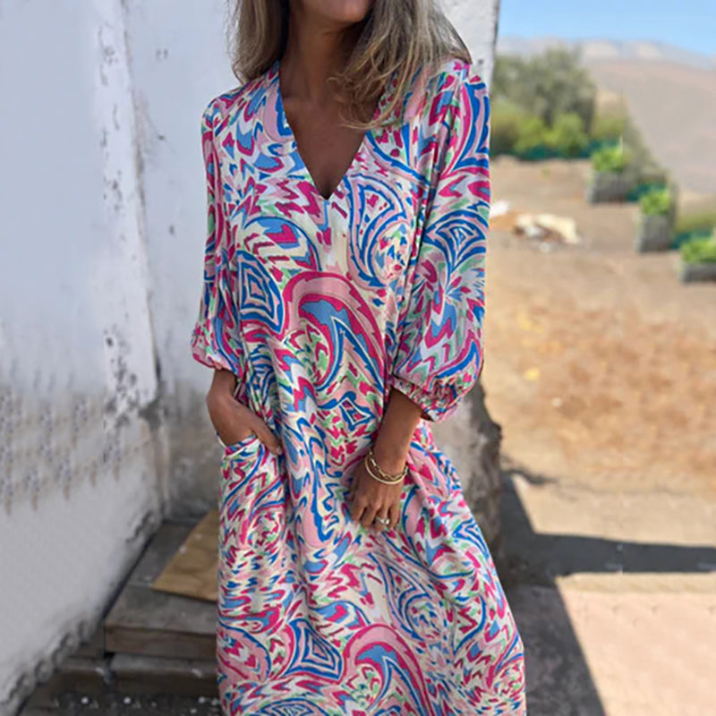 Yanina | Printed V Neck Puff Sleeve Maxi Dress