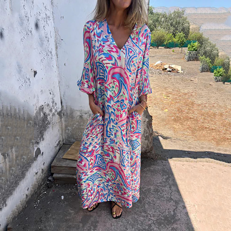 Yanina | Printed V Neck Puff Sleeve Maxi Dress