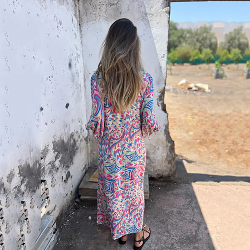 Yanina | Printed V Neck Puff Sleeve Maxi Dress