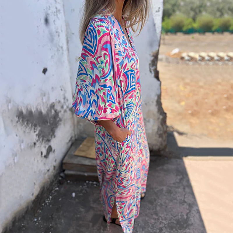 Yanina | Printed V Neck Puff Sleeve Maxi Dress