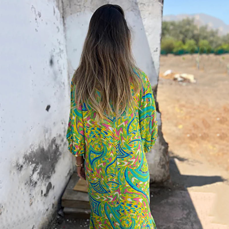 Yanina | Printed V Neck Puff Sleeve Maxi Dress