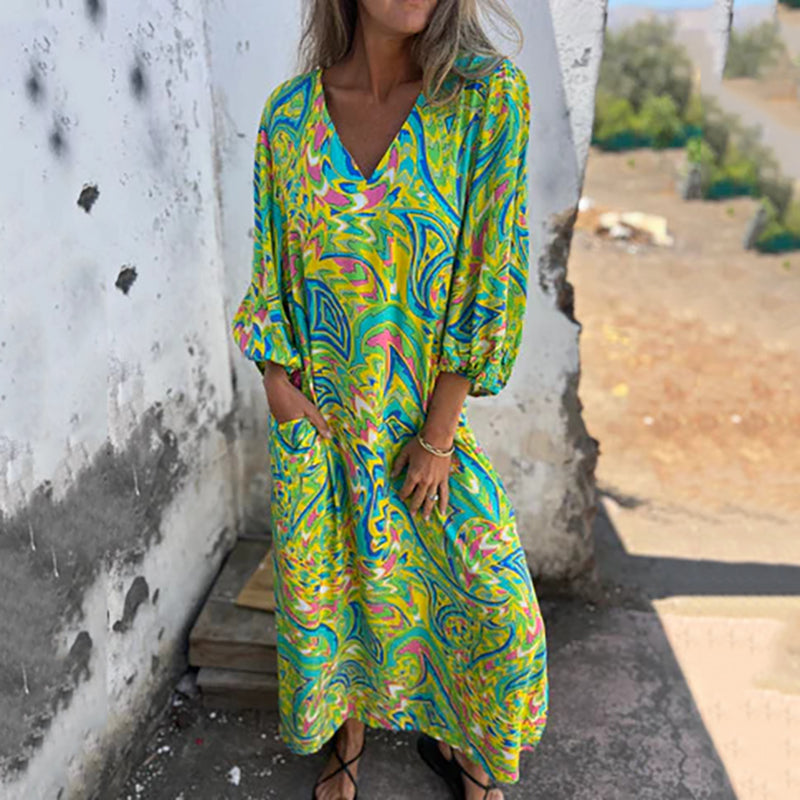 Yanina | Printed V Neck Puff Sleeve Maxi Dress