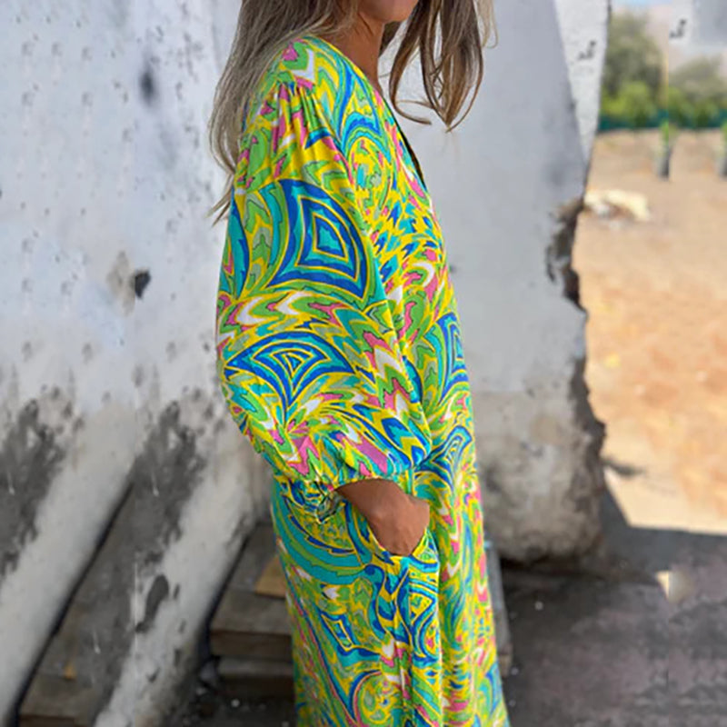 Yanina | Printed V Neck Puff Sleeve Maxi Dress