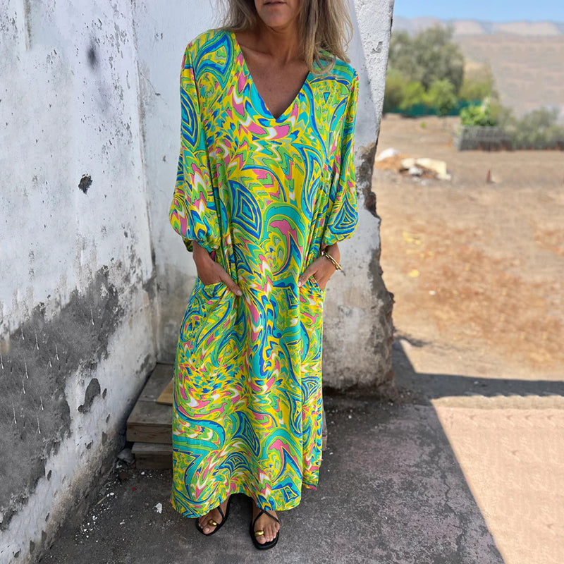Yanina | Printed V Neck Puff Sleeve Maxi Dress