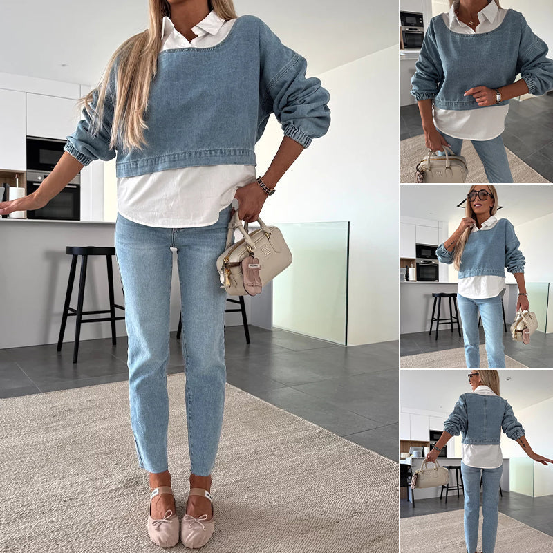 Nadira | Denim-Style Long Sleeve Two Piece Set