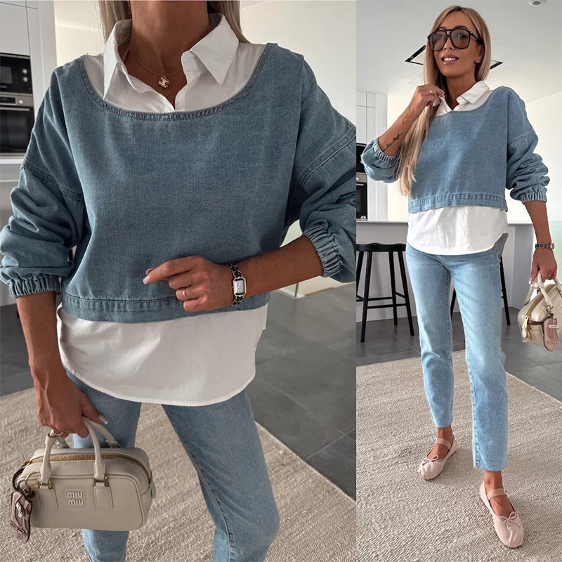 Nadira | Denim-Style Long Sleeve Two Piece Set