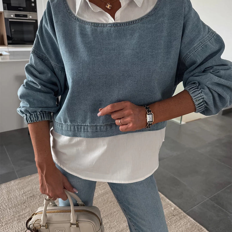 Nadira | Denim-Style Long Sleeve Two Piece Set