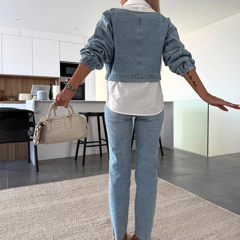 Nadira | Denim-Style Long Sleeve Two Piece Set