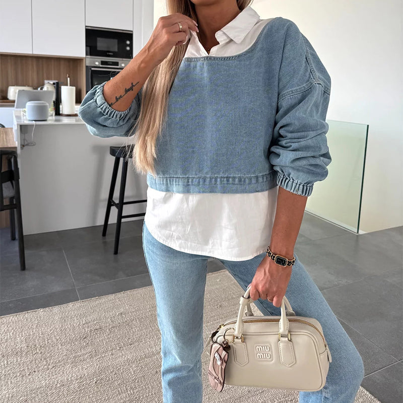 Nadira | Denim-Style Long Sleeve Two Piece Set