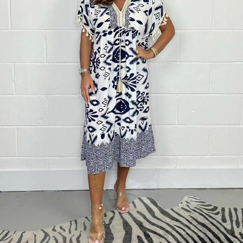 Alyex | Printed V Neck Short Sleeve Midi Dress