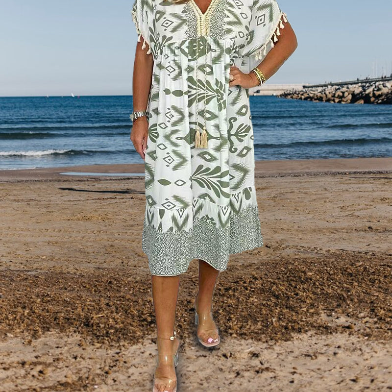 Alyex | Printed V Neck Short Sleeve Midi Dress