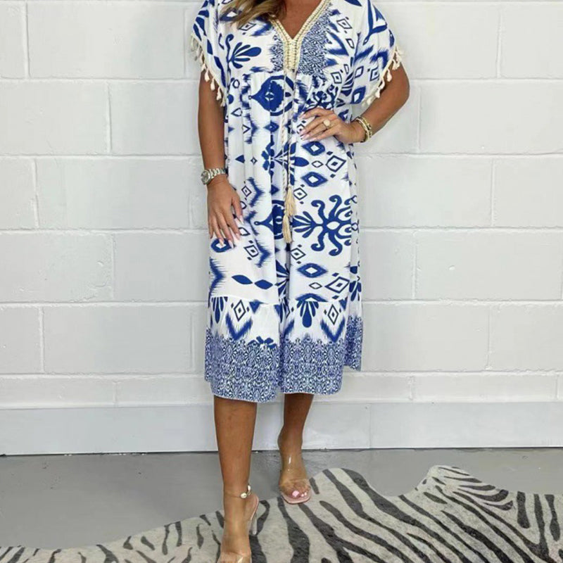 Alyex | Printed V Neck Short Sleeve Midi Dress