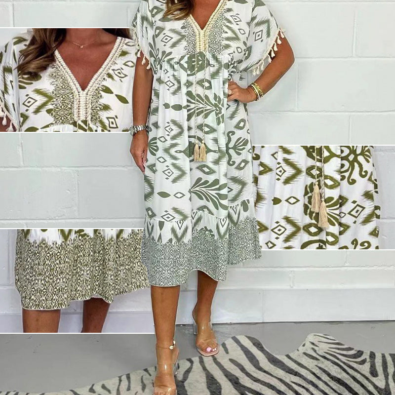 Alyex | Printed V Neck Short Sleeve Midi Dress