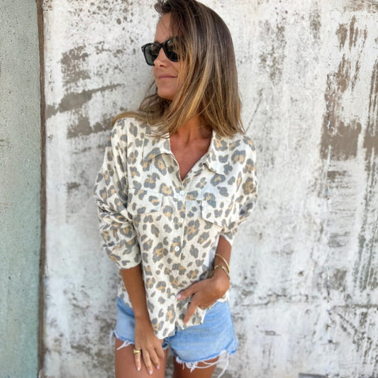 Leely | Shirt Leopard Print Button Front Long Sleeve