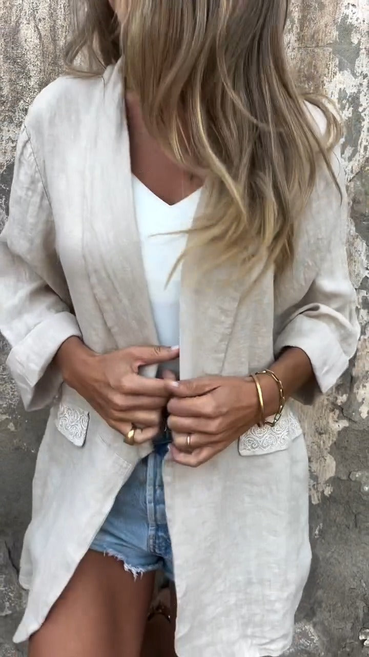 Mirana | Open Front Linen Feel Long Sleeve Blouse
