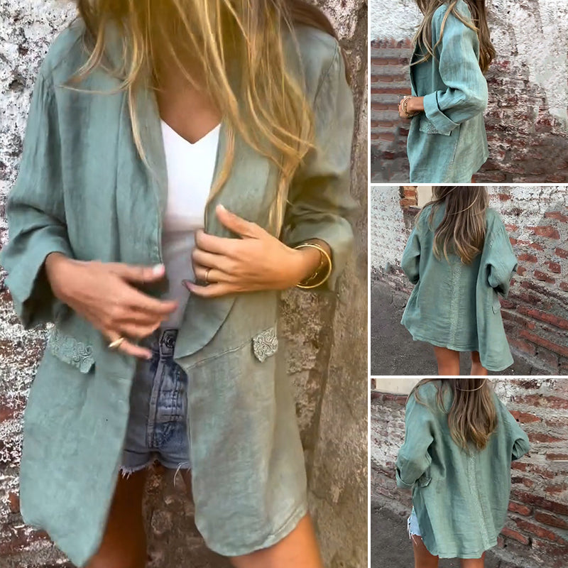 Mirana | Open Front Linen Feel Long Sleeve Blouse