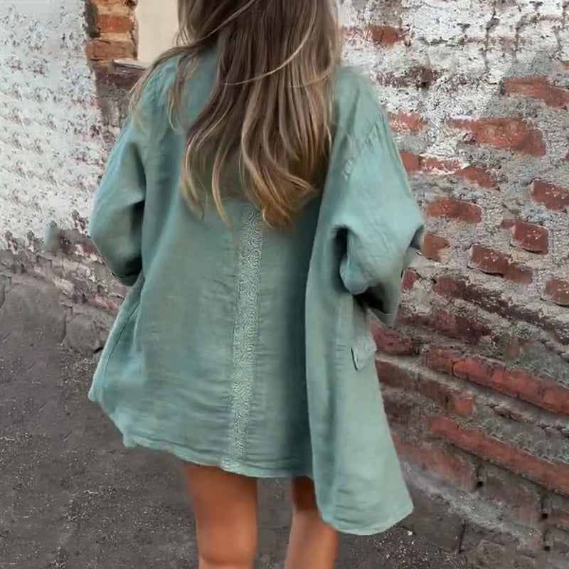Mirana | Open Front Linen Feel Long Sleeve Blouse