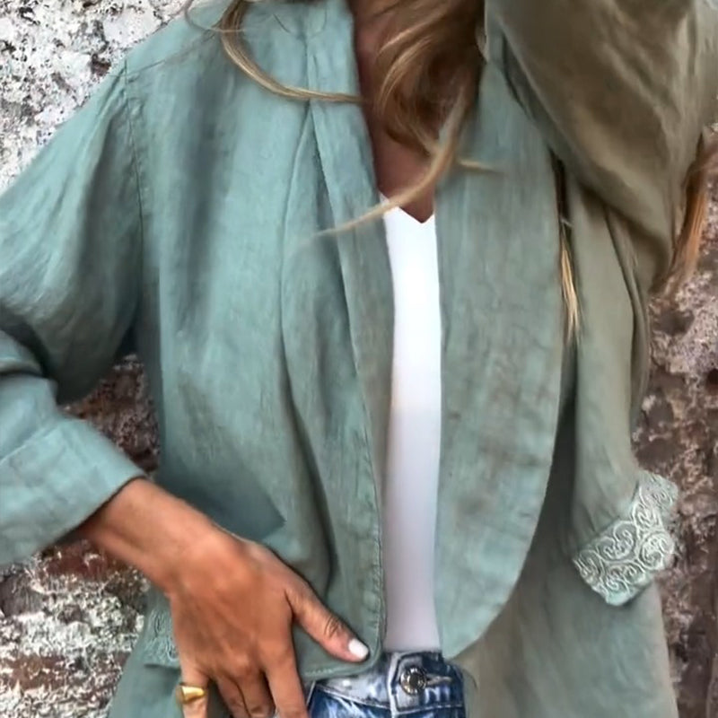 Mirana | Open Front Linen Feel Long Sleeve Blouse