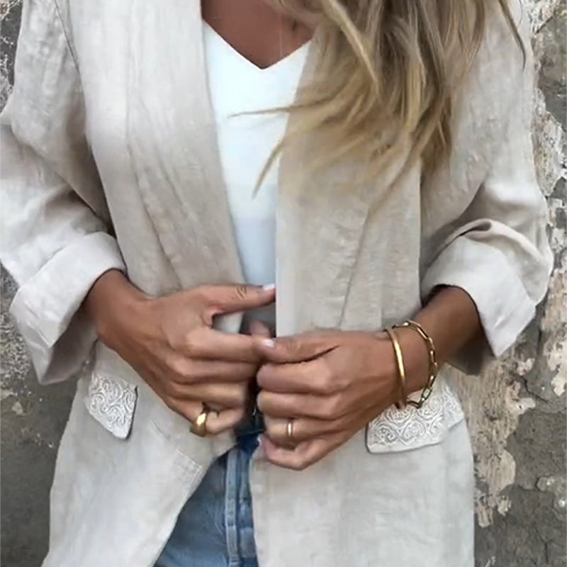 Mirana | Open Front Linen Feel Long Sleeve Blouse