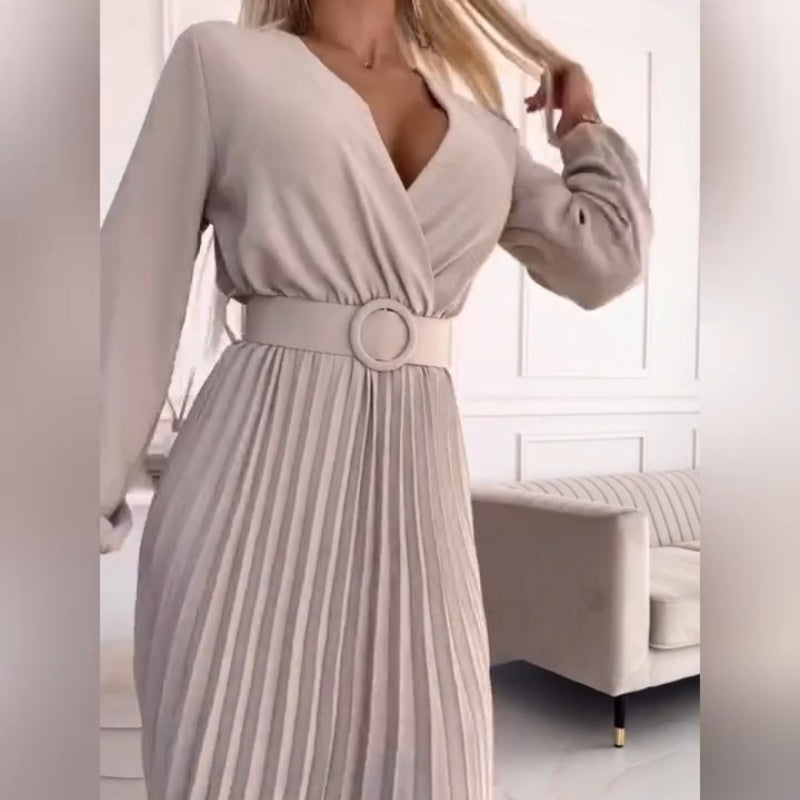 Elza | Pleated V Neck Belted Midi Dress