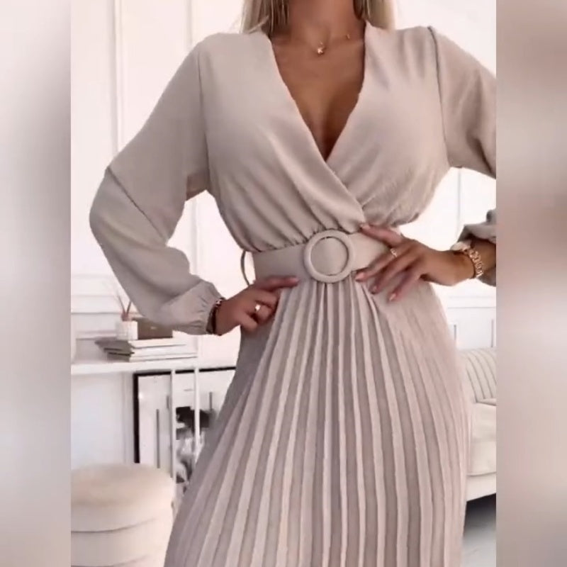 Elza | Pleated V Neck Belted Midi Dress