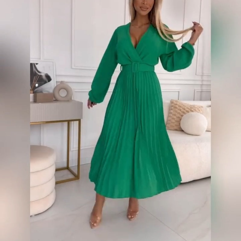 Elza | Pleated V Neck Belted Midi Dress