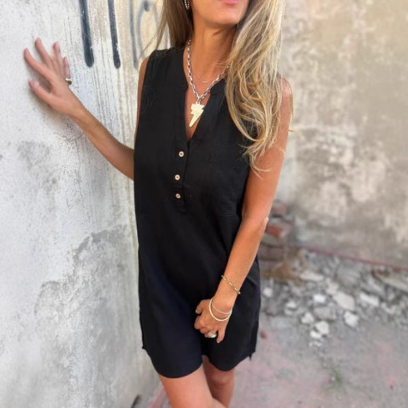 Paula | Sleeveless V Neck Button Front Dress