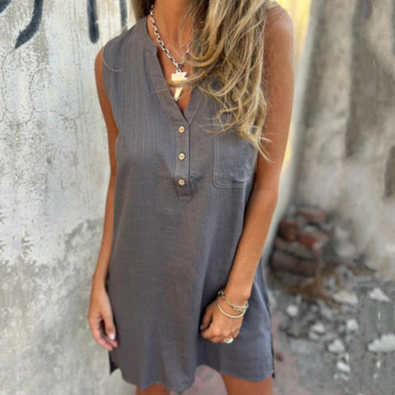 Paula | Sleeveless V Neck Button Front Dress