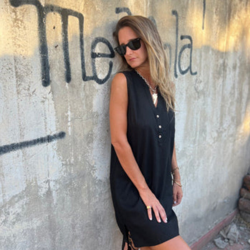 Paula | Sleeveless V Neck Button Front Dress