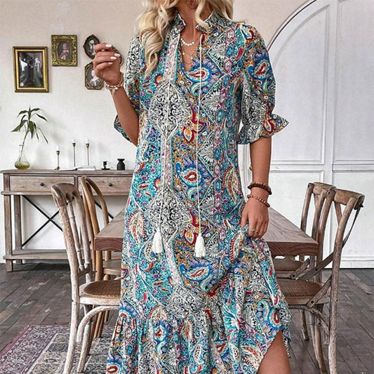 Aniy | Paisley Print Tassel Tie Midi Dress