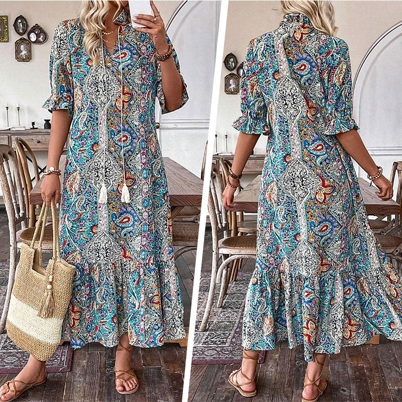 Aniy | Paisley Print Tassel Tie Midi Dress