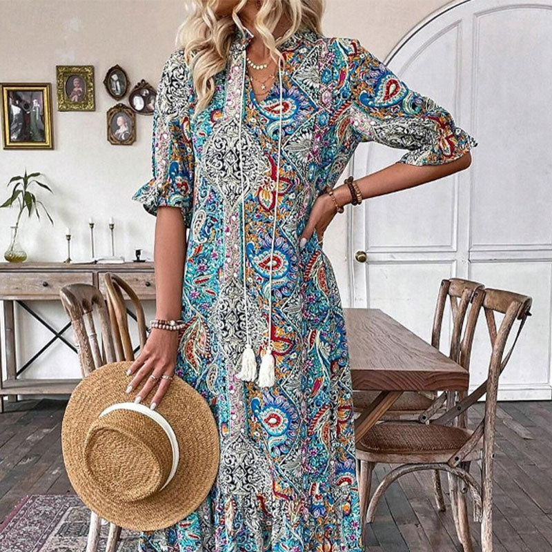 Aniy | Paisley Print Tassel Tie Midi Dress