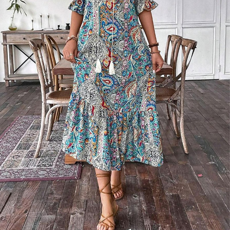 Aniy | Paisley Print Tassel Tie Midi Dress