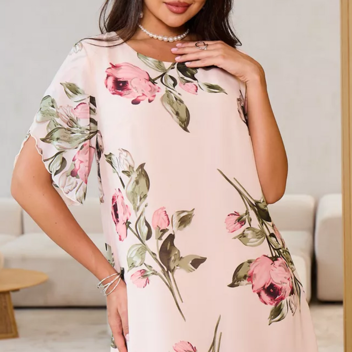Merita | Floral Chiffon Short Sleeve Midi Dress