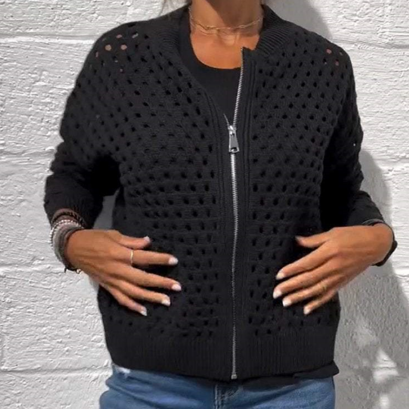 Kelsey | Open-Knit Zip-Up Long Sleeve Jacket