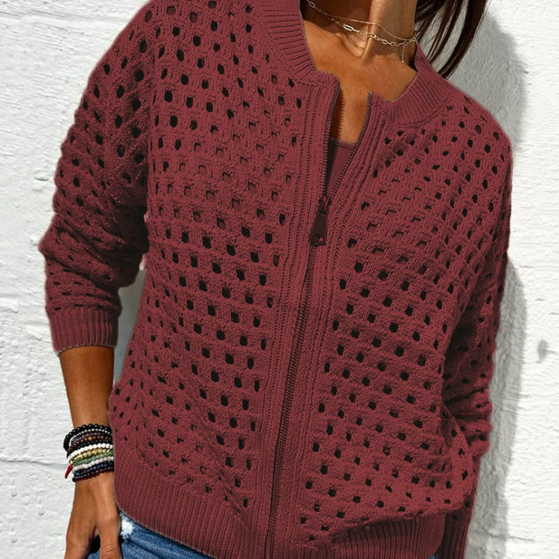 Kelsey | Open-Knit Zip-Up Long Sleeve Jacket