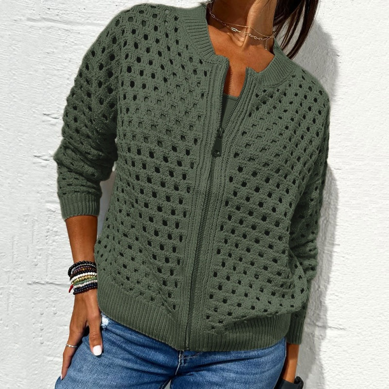 Kelsey | Open-Knit Zip-Up Long Sleeve Jacket