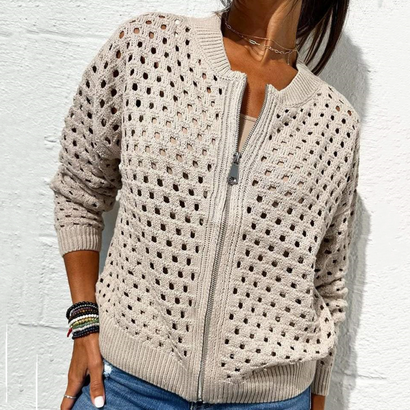 Kelsey | Open-Knit Zip-Up Long Sleeve Jacket