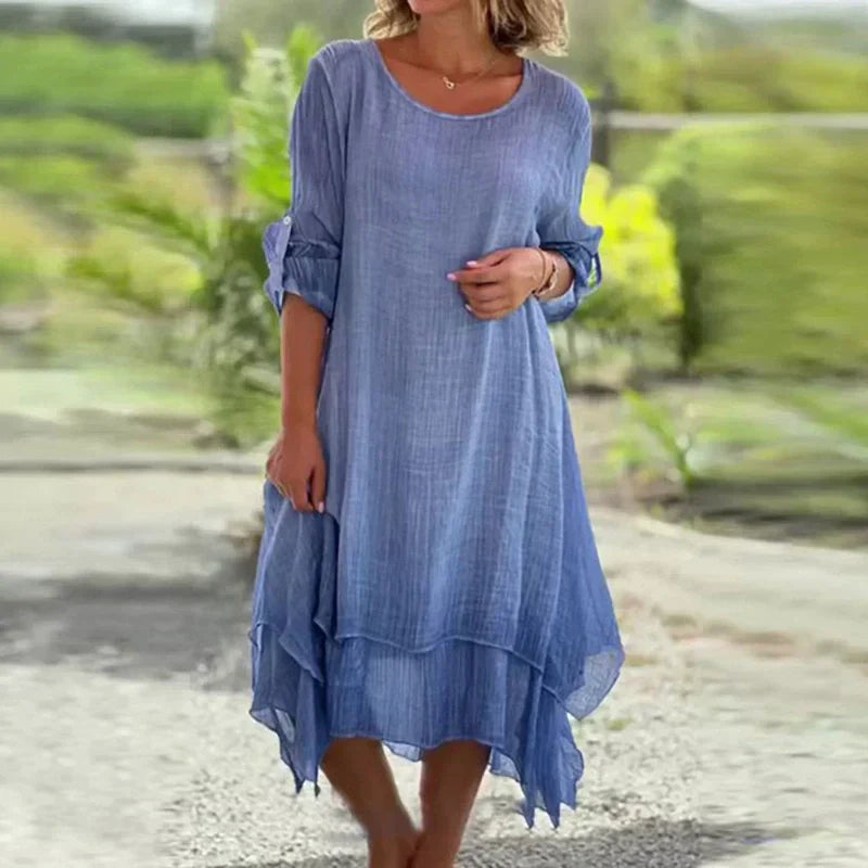 Mariela | Round Neck Layered Hem Midi Dress