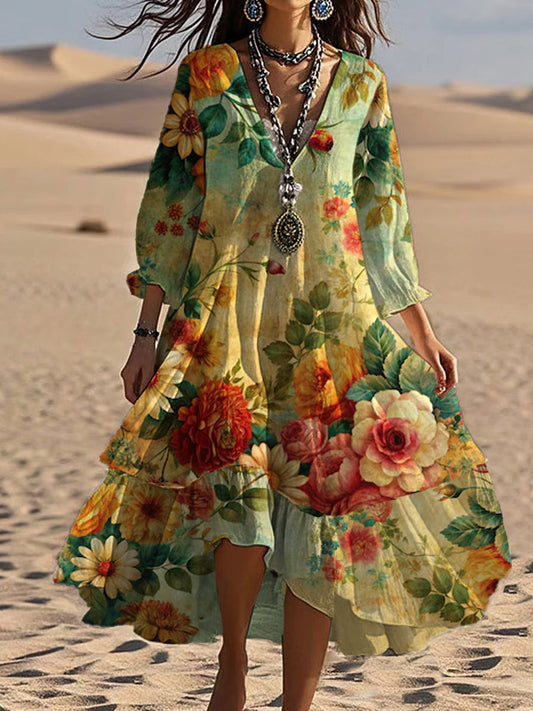 Aida | Floral Print V-Neck Long Sleeve Midi Dress