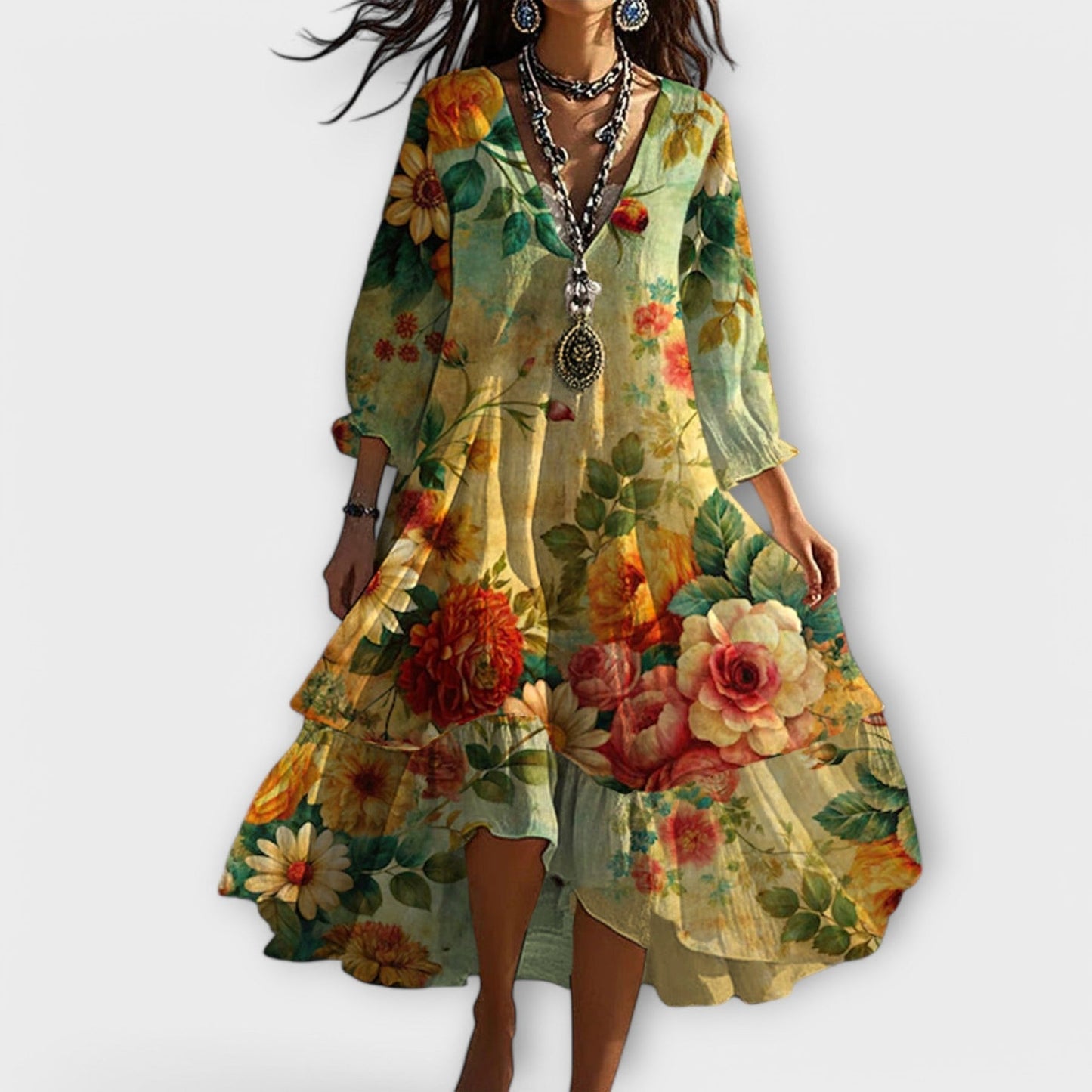 Aida | Floral Print V-Neck Long Sleeve Midi Dress
