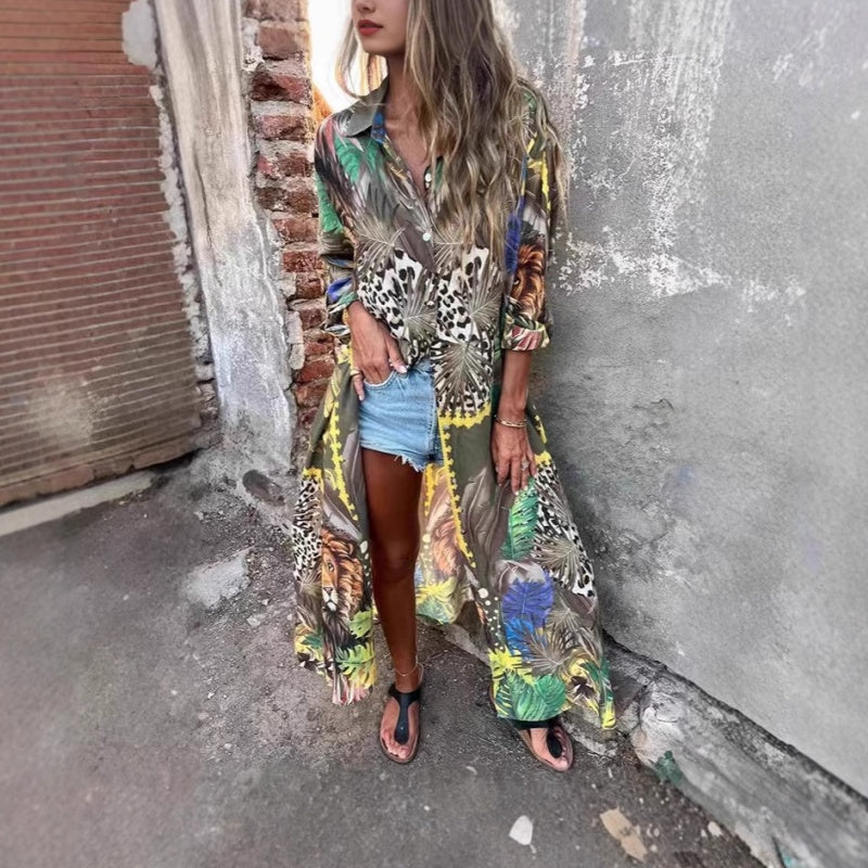 Roelie | Tropical Print Long Sleeve Shirt Dress