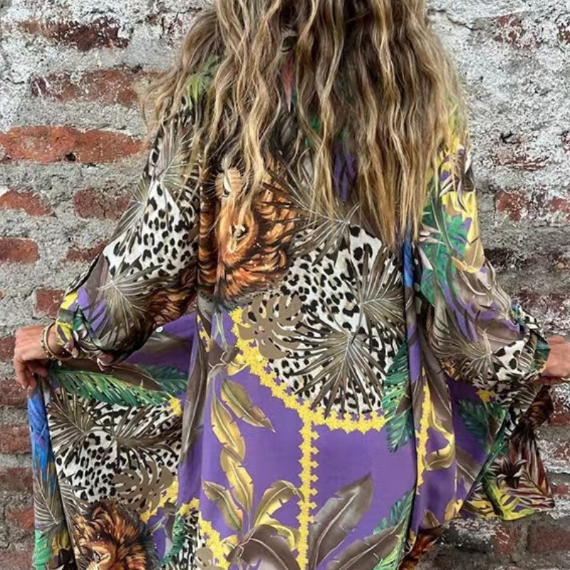 Roelie | Tropical Print Long Sleeve Shirt Dress